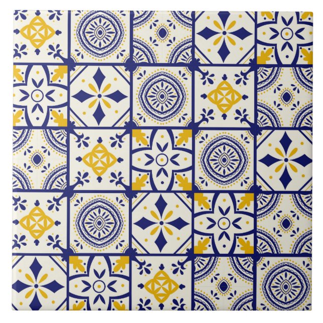 Azulejo De Cerâmica Padrão marroquino em azul, amarelo, creme (Frente)