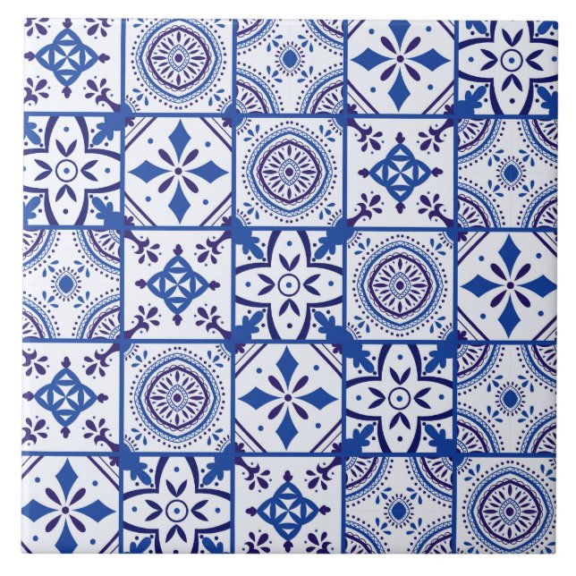 Azulejo De Cerâmica Padrão marroquino em azul, branco e preto (Frente)