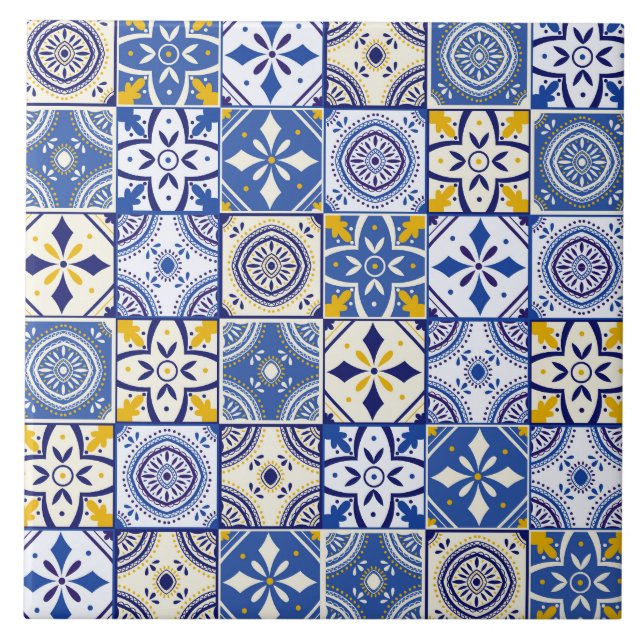 Azulejo De Cerâmica Padrão marroquino em branco de creme amarelo azul (Frente)