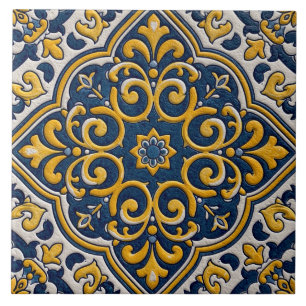 Azulejo De Cerâmica Padrão Marroquino Floral Arabesco Azul Amarelo