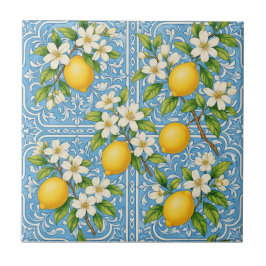 Azulejo De Cerâmica Padrão Mediterrâneo Azul Aquarela Limão
