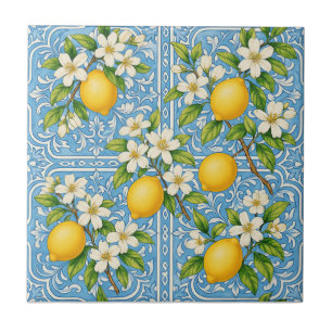 Azulejo De Cerâmica Padrão Mediterrâneo Azul Aquarela Limão