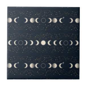 Azulejo De Cerâmica Padrão Minimalista de Fases Lunares com Estrelas e