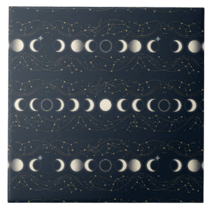 Azulejo De Cerâmica Padrão Minimalista de Fases Lunares com Estrelas e