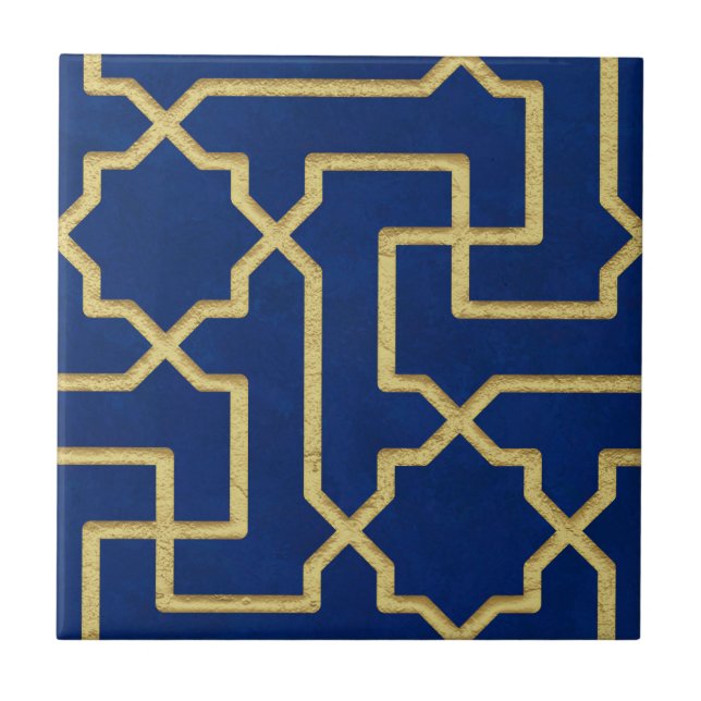 Azulejo De Cerâmica Padrão Mosaico Dourado do marinho Azul e Faux  (Frente)