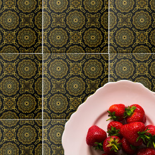 Azulejo De Cerâmica Padrão Mosaico Luxurista Dourado e Barroco Negro