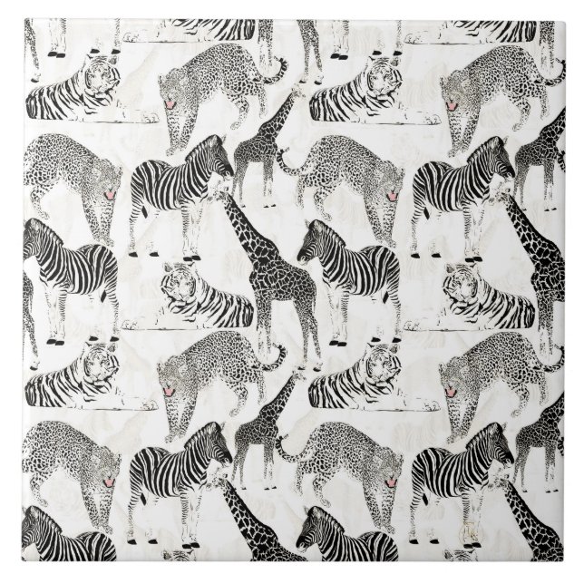 Azulejo De Cerâmica Padrão na moda Negro e Selva Branca de Animais (Frente)