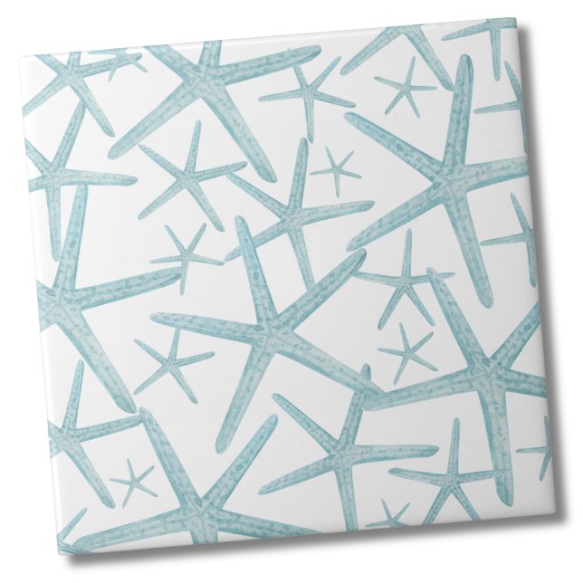 Azulejo De Cerâmica Padrão Náutico de Praia Azul Teal (Teal Nautical Starfish Sea Shell Beach Pattern Ceramic Tile)