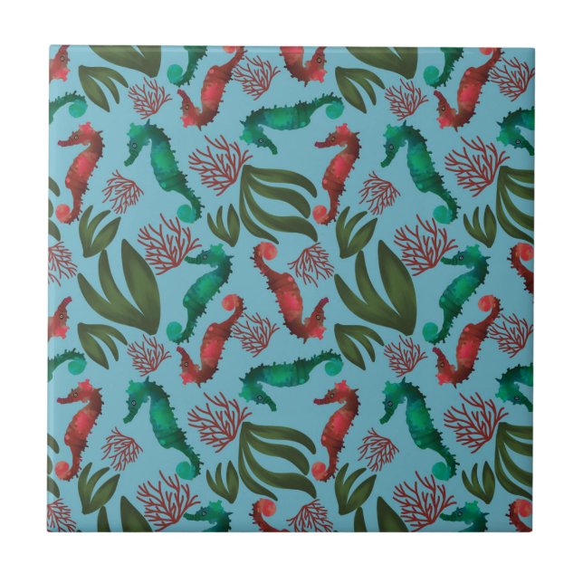 Azulejo De Cerâmica Padrão Náutico do Cavalo do Mar de Aquarela (Frente)