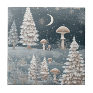 Azulejo De Cerâmica Padrão Noturno da Floresta de Inverno Encantada (2