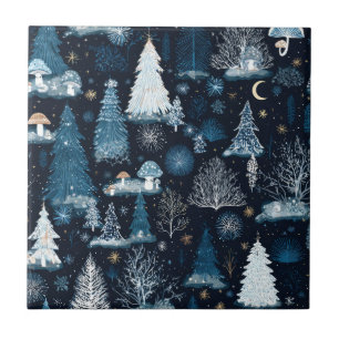 Azulejo De Cerâmica Padrão Noturno da Floresta de Inverno Encantada (3