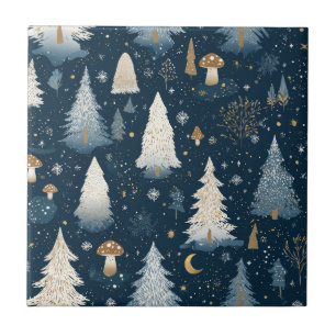 Azulejo De Cerâmica Padrão Noturno da Floresta de Inverno Encantada (4
