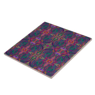 Azulejo De Cerâmica Padrão ondulado legal trippy verde, laranja e roxo