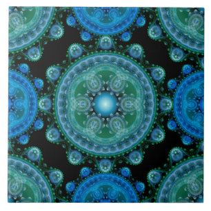 Azulejo De Cerâmica Padrão oriental azul fractal verde