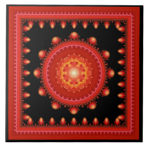 Azulejo De Cerâmica Padrão oriental fractal vermelho emoldurado