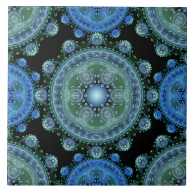 Azulejo De Cerâmica Padrão oriental verde azul-fractal (Frente)