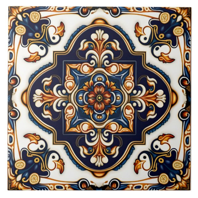 Azulejo De Cerâmica Padrão ornamentado Botânico espanhol mediterrânico (Frente)