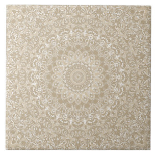 Azulejo De Cerâmica Padrão Ornamental de Mandala Bege e Branco