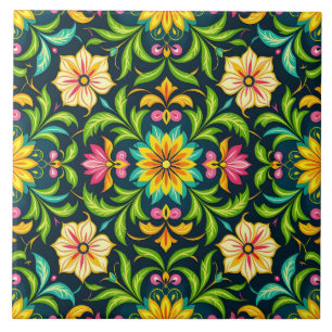 Azulejo De Cerâmica Padrão Ornamental Floral em Cores Vibrantes