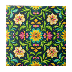 Azulejo De Cerâmica Padrão Ornamental Floral em Cores Vibrantes