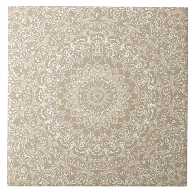 Azulejo De Cerâmica Padrão Ornamental Khaki e White (Frente)