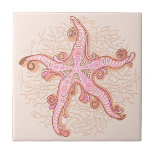 Azulejo De Cerâmica Padrão Pastel Rosa de Estrelas-do-Mar e Coral