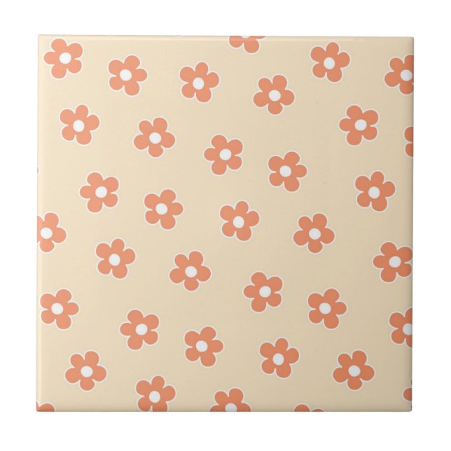 Azulejo De Cerâmica Padrão Preppy Peach White Hippie Flower (Frente)