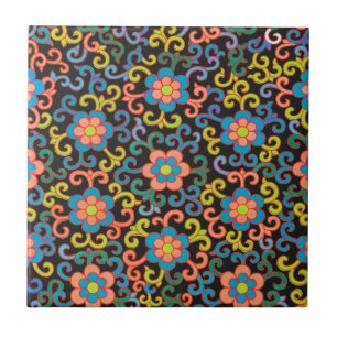 Azulejo De Cerâmica Padrão Preto Chic com Floral Colorido