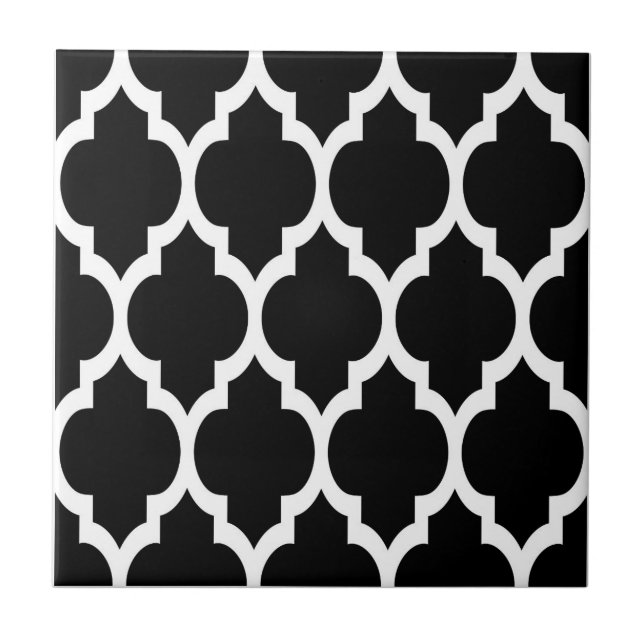 Azulejo De Cerâmica Padrão Preto de Quatrefoil Marroquino Branco #4 (Frente)
