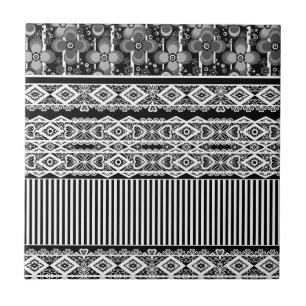 Azulejo De Cerâmica Padrão preto e branco com rendas e retalhos