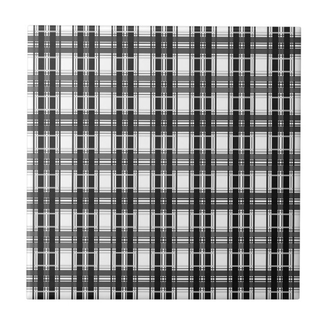 Azulejo De Cerâmica Padrão preto e branco Geometria do Tartan verifica (Frente)