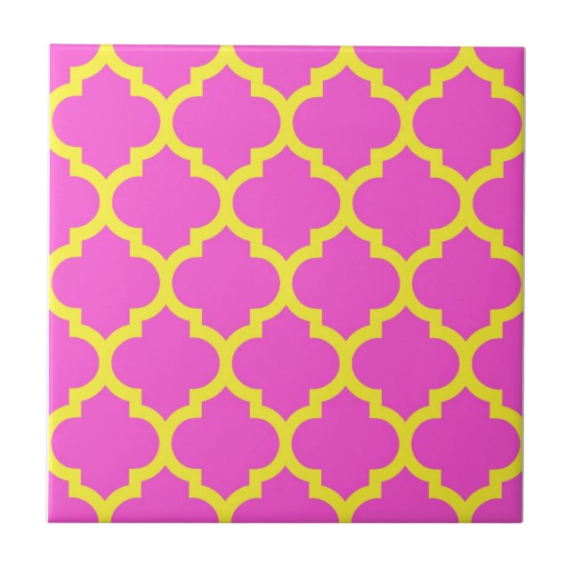 Azulejo De Cerâmica Padrão Quatrefoil Amarelo-Cor-de-Rosa Quente marro (Frente)