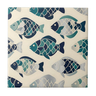 Azulejo De Cerâmica Padrão repetitivo de peixes estilizados em azul-ma