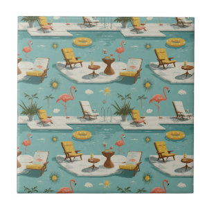 Azulejo De Cerâmica Padrão Retro de Flamingo à Beira da Piscina de Ver