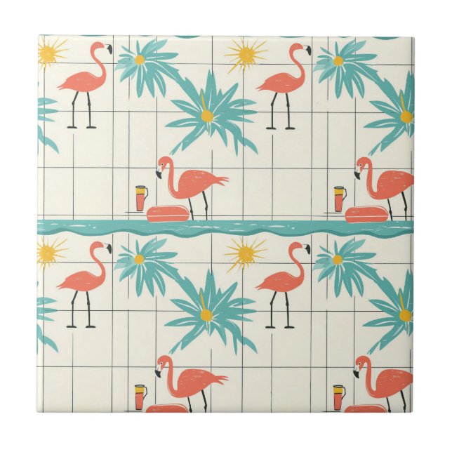 Azulejo De Cerâmica Padrão Retro de Flamingo à Beira da Piscina de Ver (Frente)
