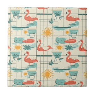 Azulejo De Cerâmica Padrão Retro de Flamingo à Beira da Piscina de Ver