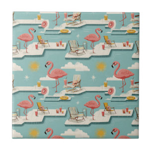 Azulejo De Cerâmica Padrão Retro de Flamingo à Beira da Piscina de Ver