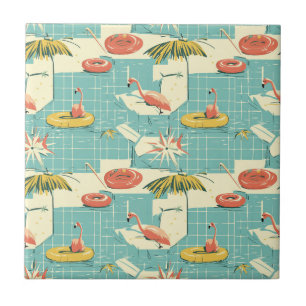 Azulejo De Cerâmica Padrão Retro de Flamingo à Beira da Piscina de Ver