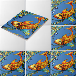 Azulejo De Cerâmica Padrão Retro de Peixe Koi em Art Nouveau