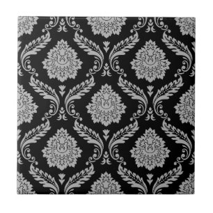 Azulejo De Cerâmica Padrão Rococó Damask Cinza no Preto