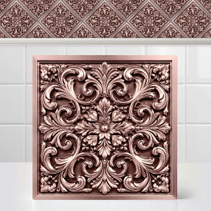 Azulejo De Cerâmica Padrão Rosa Dourado Relevo Damask Vitoriano