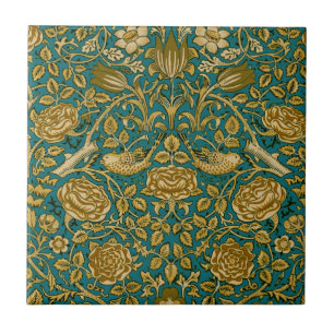 Azulejo De Cerâmica Padrão Rosa Tudor William Morris Azul Dourado
