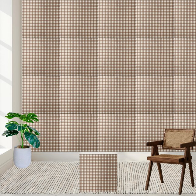 Azulejo De Cerâmica Padrão Rustic Brown and White Checkered Gingham (Rustic Brown and White Checkered Gingham Pattern Ceramic Tile)
