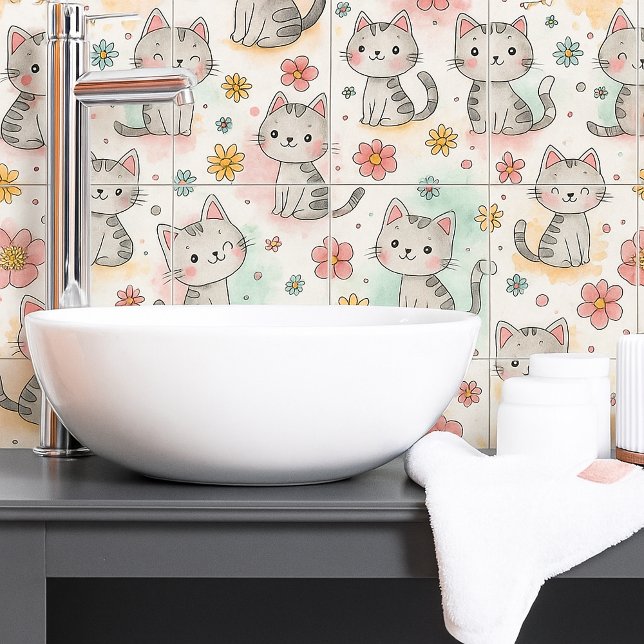 Azulejo De Cerâmica Padrão sem descontinuidades de gato pastel engraça (Criador carregado)