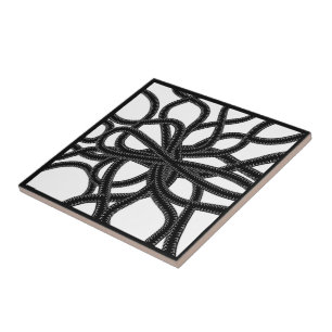 Azulejo De Cerâmica Padrão Simétrico Curvo Preto em Branco com Atadura