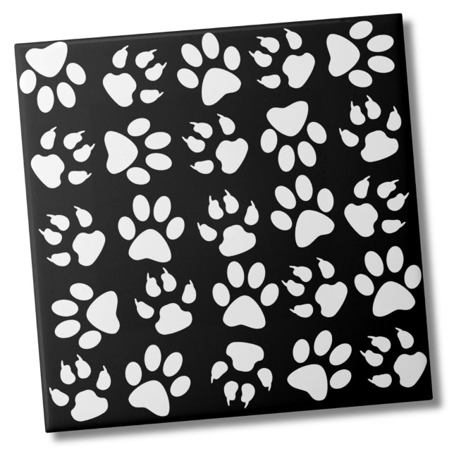 Azulejo De Cerâmica Padrão Simples de Pet Cão Preto (Simple Black White Pet Dog Paw Print Pattern Ceramic Tile)