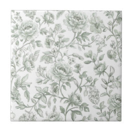 Azulejo De Cerâmica Padrão Toile Floral Verde Salvia Vintage 