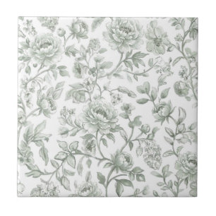 Azulejo De Cerâmica Padrão Toile Floral Verde Salvia Vintage