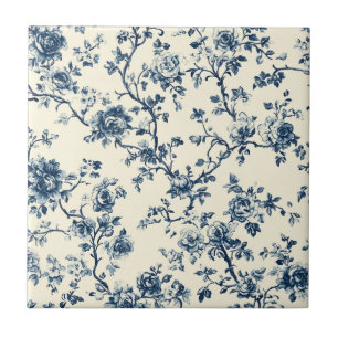 Azulejo De Cerâmica Padrão Toile Floral Vintage Azul (2)