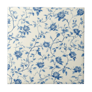 Azulejo De Cerâmica Padrão Toile Floral Vintage Azul (3)